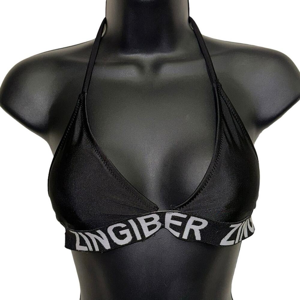 Zingiber Bikini Top Black Logo Band Halter Triangle Swim‎ Large Minimalist